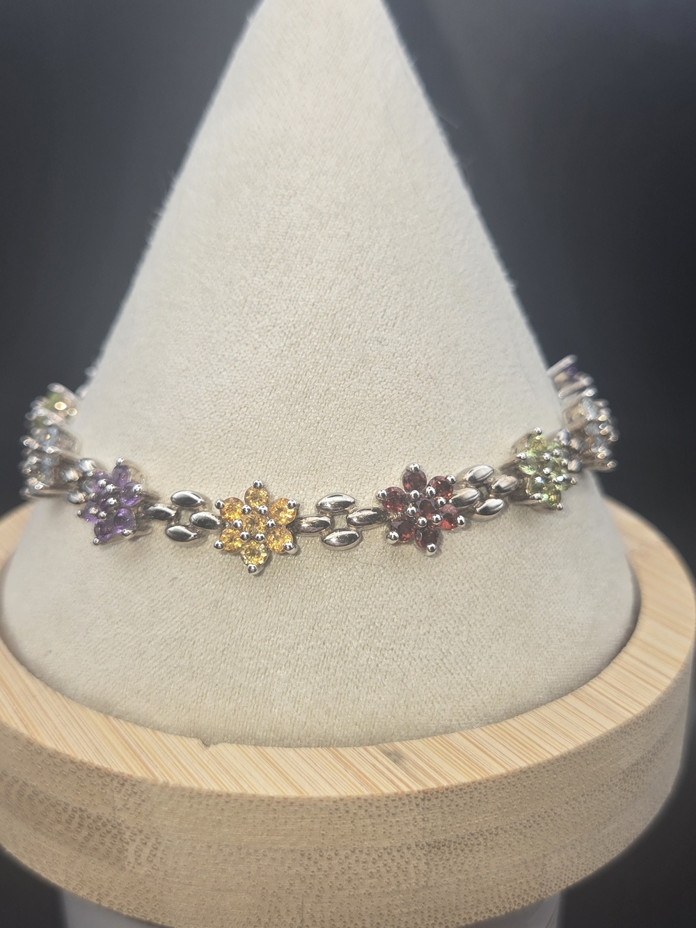 STS 925 Thailand Multi Gemstone Flower Bracelet Sterling Silver 7.5" Colorful